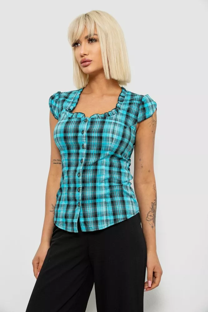 Купить Блуза в клетку, цвет бирюзовый, 230R2502 - Фото №3