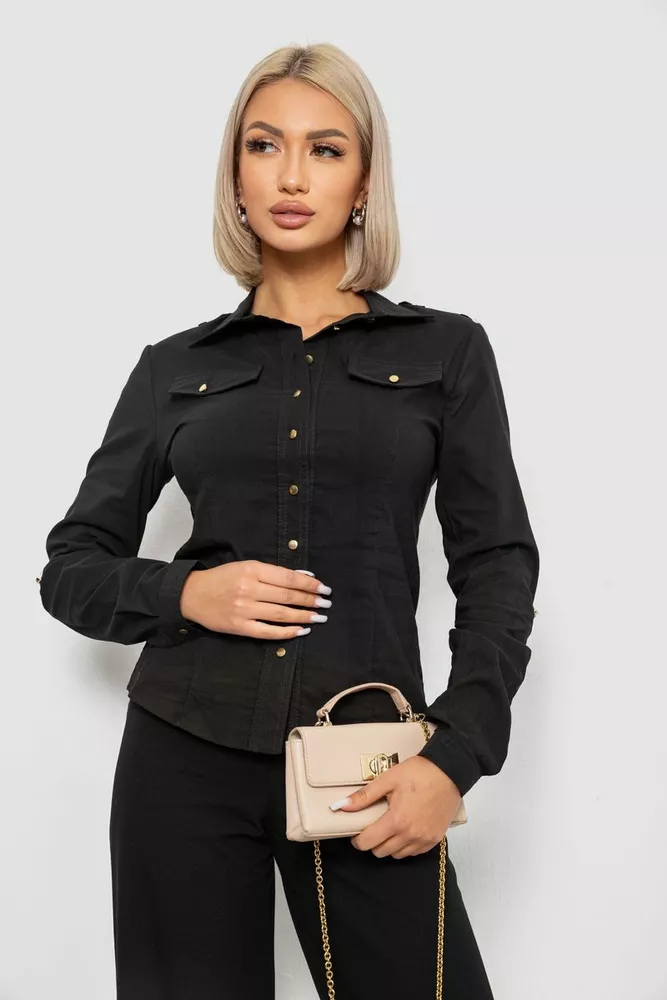 Купить Рубашка женская однотонная, цвет черный, 230R211 оптом - Фото №1