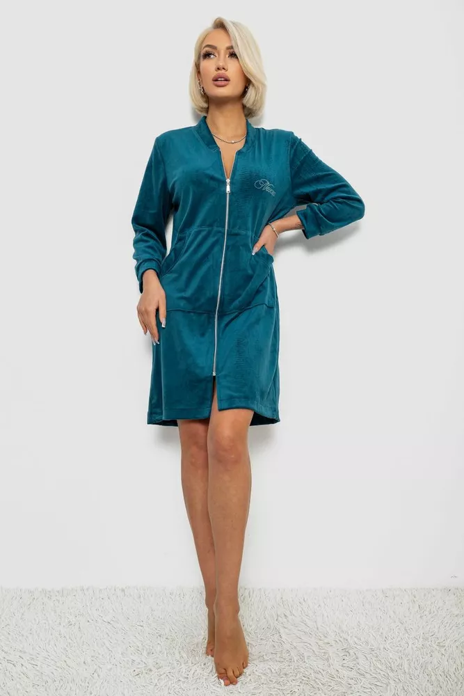 Купити Халат жіночий велюровий на блискавці, колір смарагдовий, 257R1022 - Фото №2
