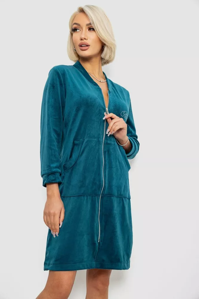 Купити Халат жіночий велюровий на блискавці, колір смарагдовий, 257R1022 - Фото №3