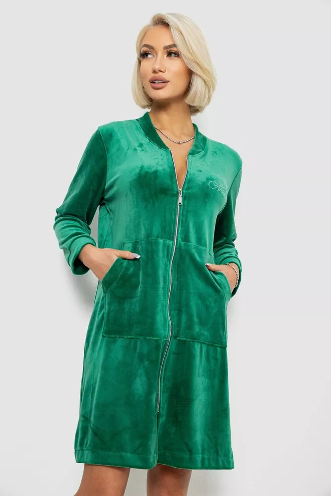 Купити Халат жіночий велюровий на блискавці, колір зелений, 257R1022 - Фото №1