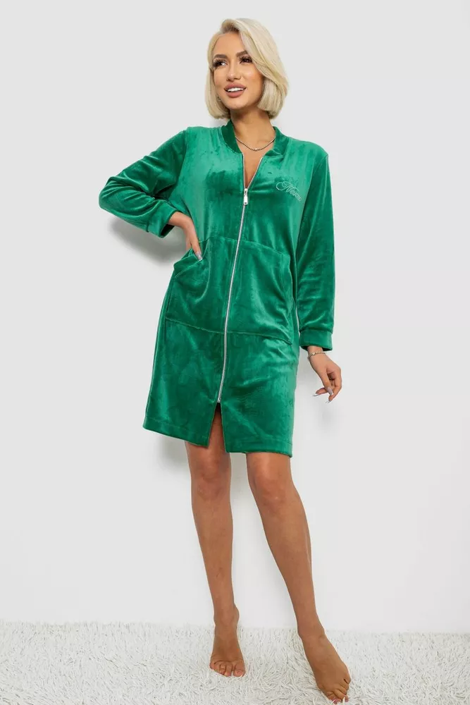 Купити Халат жіночий велюровий на блискавці, колір зелений, 257R1022 - Фото №2
