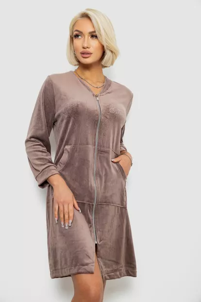 Халат женский велюровый на молнии, цвет мокко, 257R1022