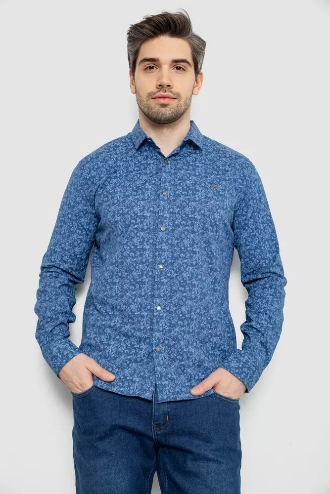 Купить Рубашка мужская однотонная с принтом, цвет джинс, 186R2115 - Фото №1