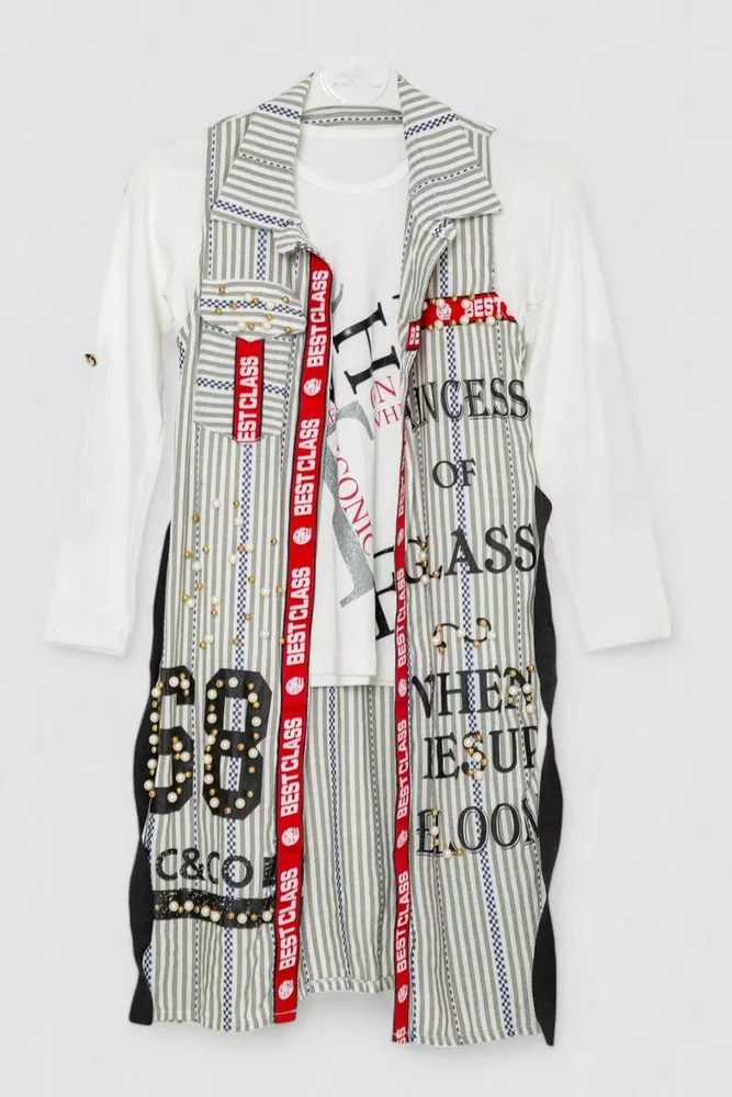 Купити Кардиган дитячий у комплекті з лонгслівом  -уцінка, колір молочно-оливковий, 247R1018-U-12 - Фото №1