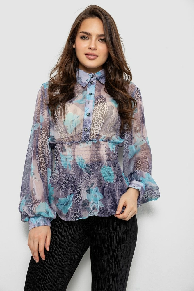 Купить Блуза женская с принтом шифоновая, цвет голубой, 230R1502-4 - Фото №1