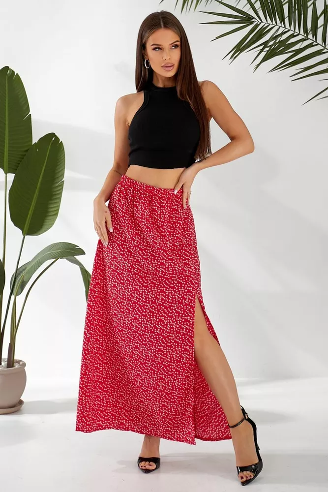 Купить Юбка софт однотонная в горошек, цвет красный, 257R11-1 - Фото №2