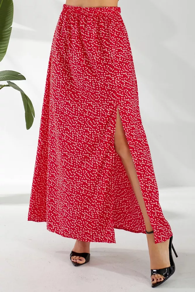 Купить Юбка софт однотонная в горошек, цвет красный, 257R11-1 - Фото №3