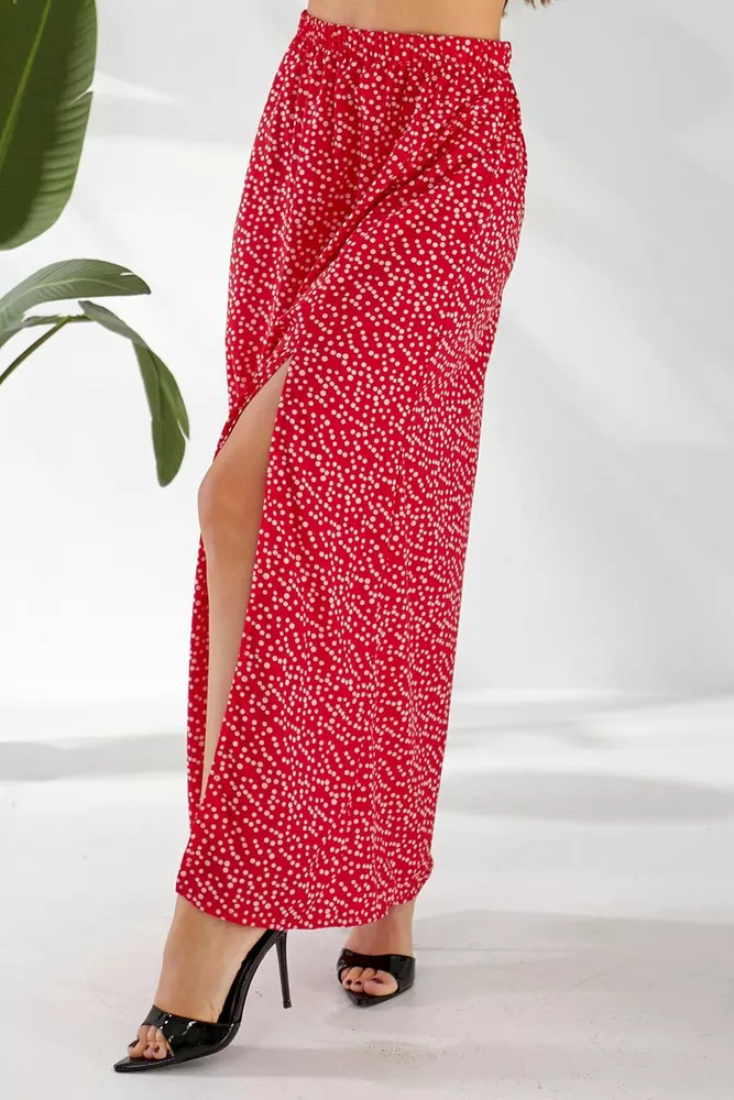 Купить Юбка софт однотонная в горошек, цвет красный, 257R11-1 - Фото №4