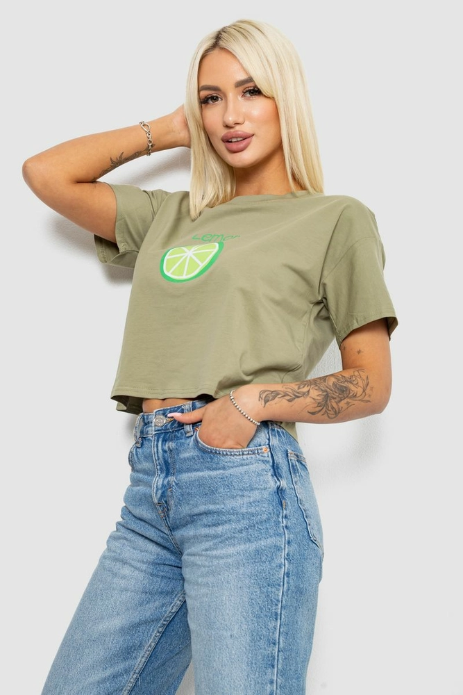 Купити Футболка жіноча з принтом, колір оливковий, 221R9904 - Фото №3