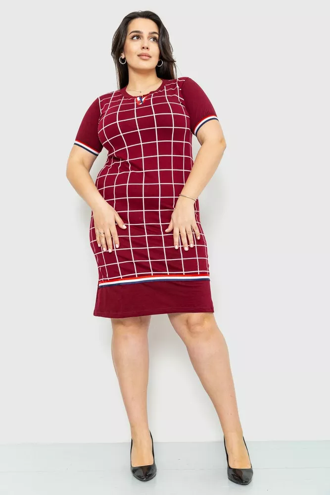 Купити Сукня в клітку повсякденна, колір бордовий, 231R6234 - Фото №1