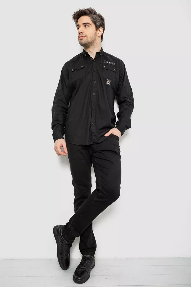 Купить Рубашка мужская однотонная с принтом, цвет черный, 186R01 - Фото №2