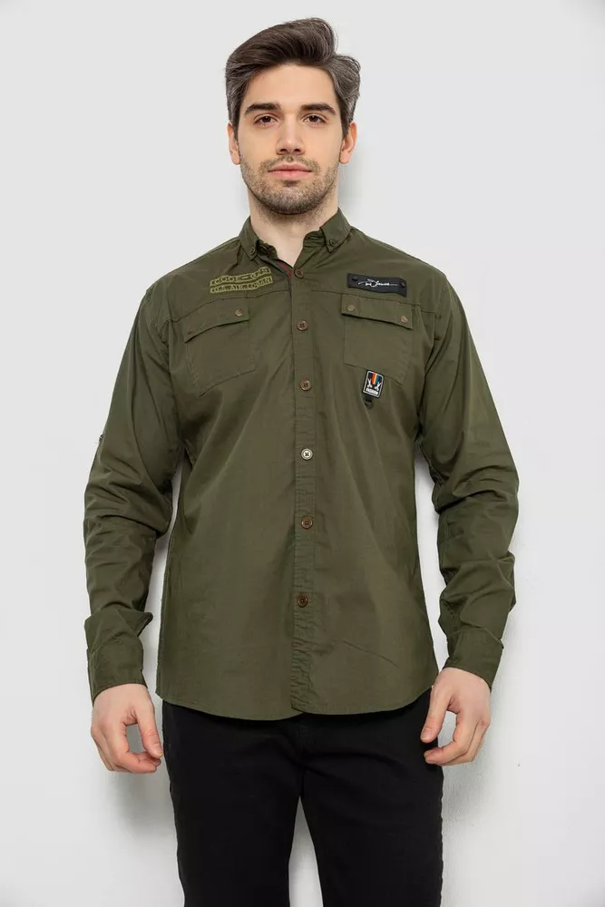 Купить Рубашка мужская однотонная с принтом, цвет хаки, 186R01 - Фото №1