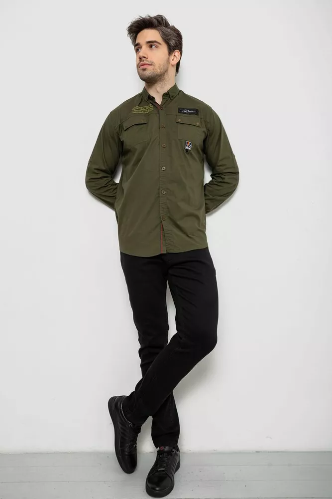 Купить Рубашка мужская однотонная с принтом, цвет хаки, 186R01 - Фото №2