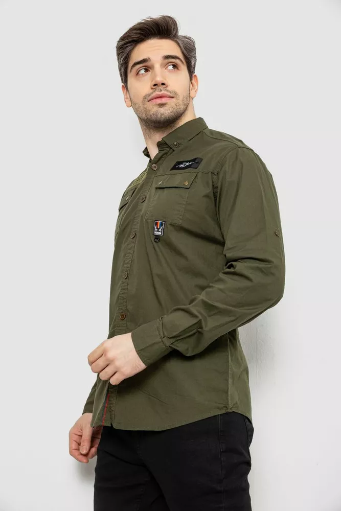 Купить Рубашка мужская однотонная с принтом, цвет хаки, 186R01 - Фото №3