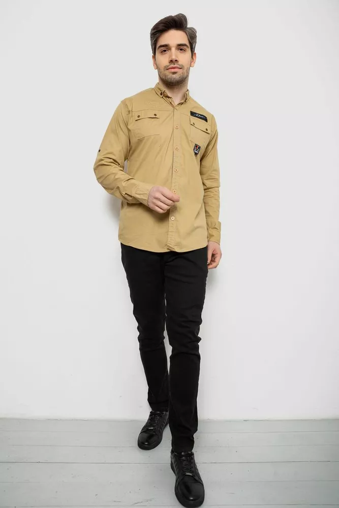 Купить Рубашка мужская однотонная с принтом, цвет бежевый, 186R01 - Фото №2