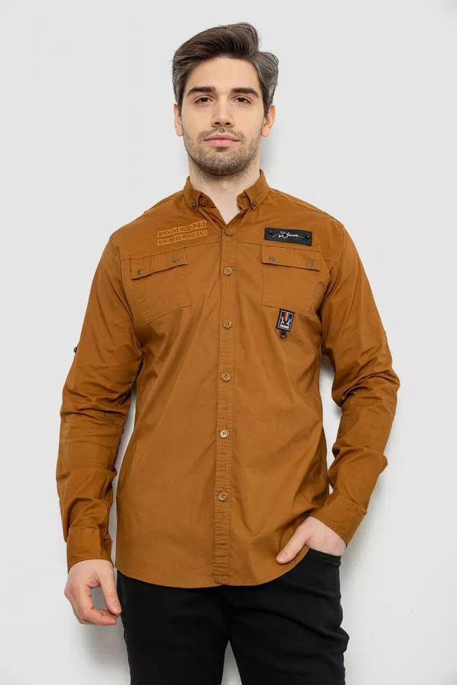 Купить Рубашка мужская однотонная с принтом, цвет коричневый, 186R01 - Фото №1