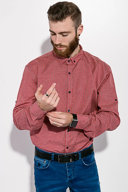 Сорочка чоловіча, червоно-сіра в клітку, з довгими рукавами та ґудзиками на комірі, 511F006