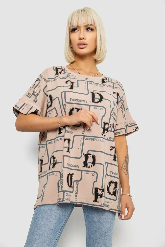 Купити Футболка жіноча з принтом, колір бежевий, 244R4016 оптом - Фото №1