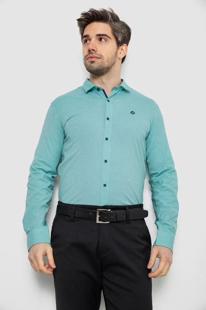 Купить Рубашка мужская однотонная с принтом, цвет бирюзовый, 186R2029 - Фото №1