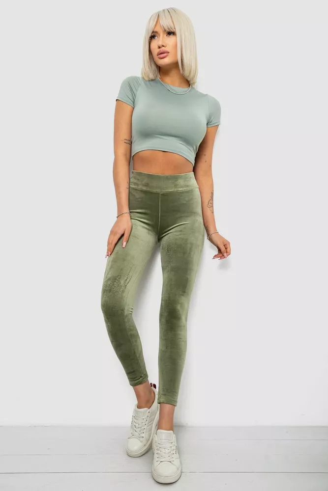 Купить Лосины женские велюровые однотонные, цвет оливковый, 214R263 - Фото №2