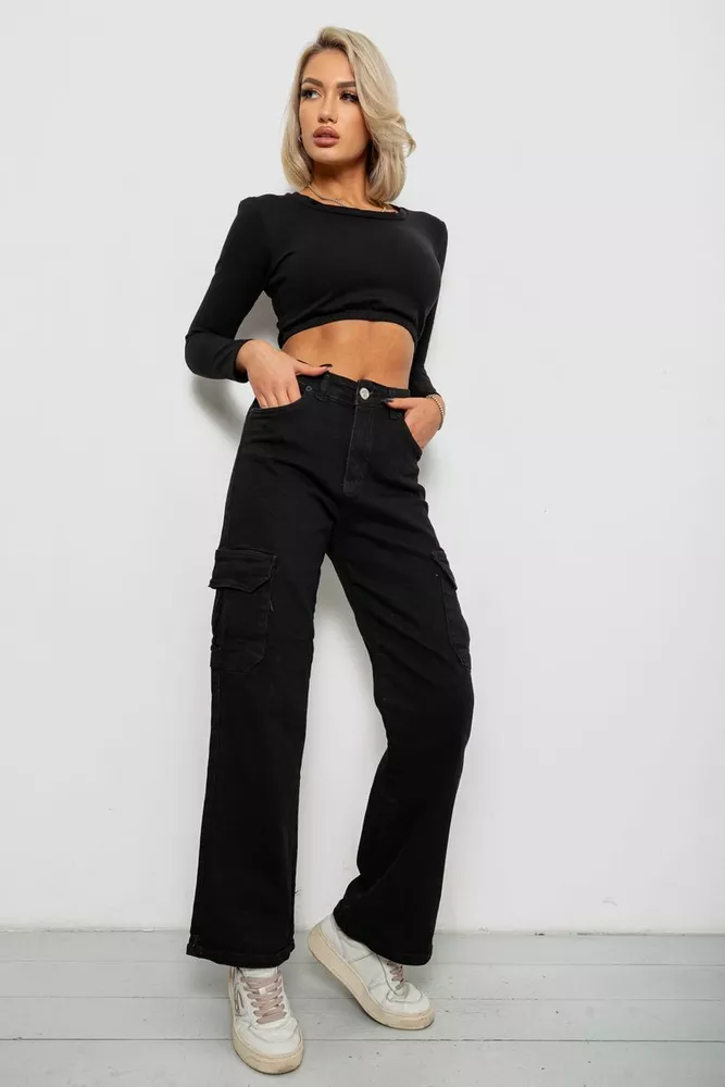 Купити Джинси жіночі однотонні Kargo, колір чорний, 244R00946 оптом - Фото №2