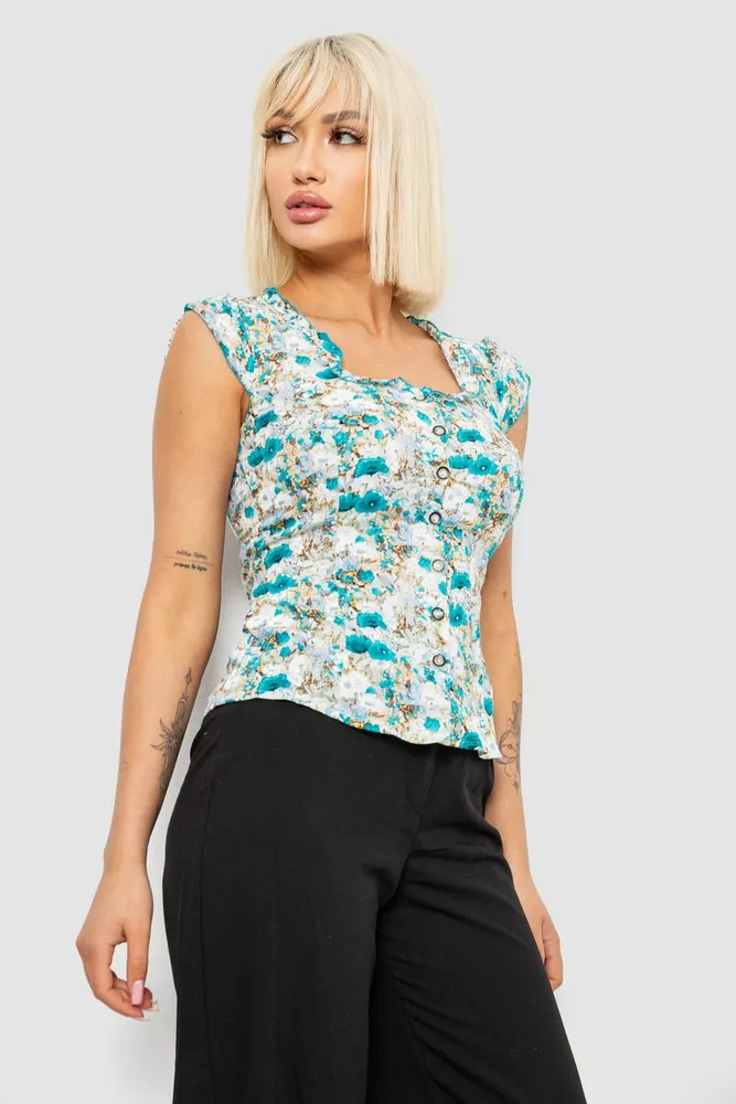 Купити Блуза з квітковим принтом  -уцінка, колір бірюзовий, 230R262-U - Фото №3
