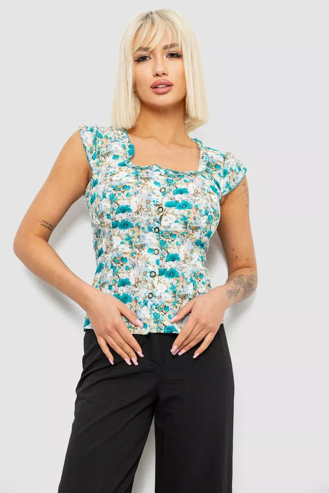 Купити Блуза з квітковим принтом  -уцінка, колір бірюзовий, 230R262-U - Фото №1