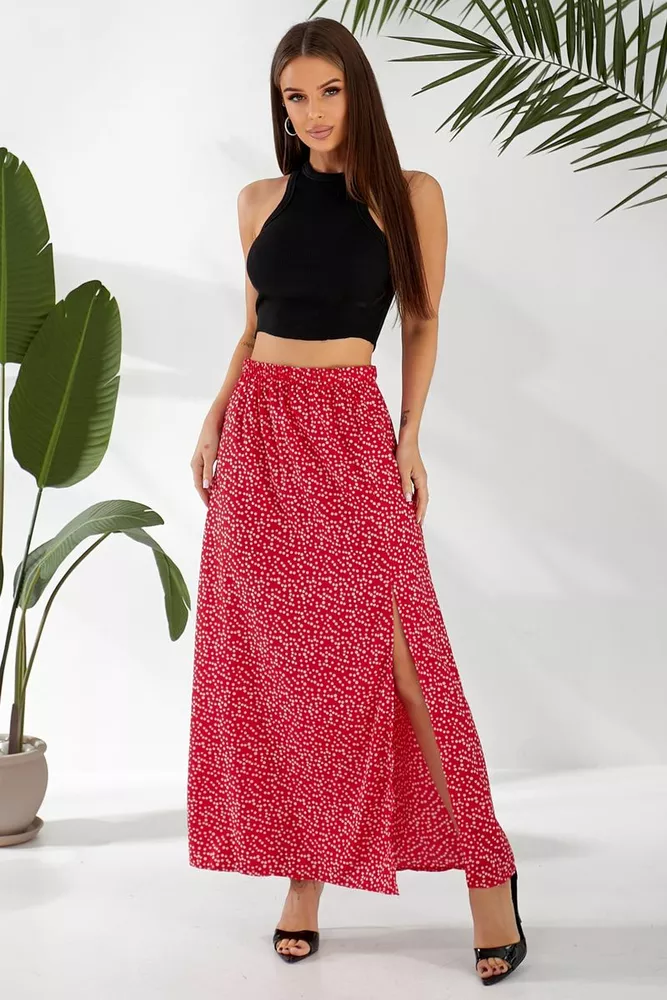 Купити Спідниця софт однотонна в горошок  -уцінка, колір червоний, 257R11-1-U оптом - Фото №1