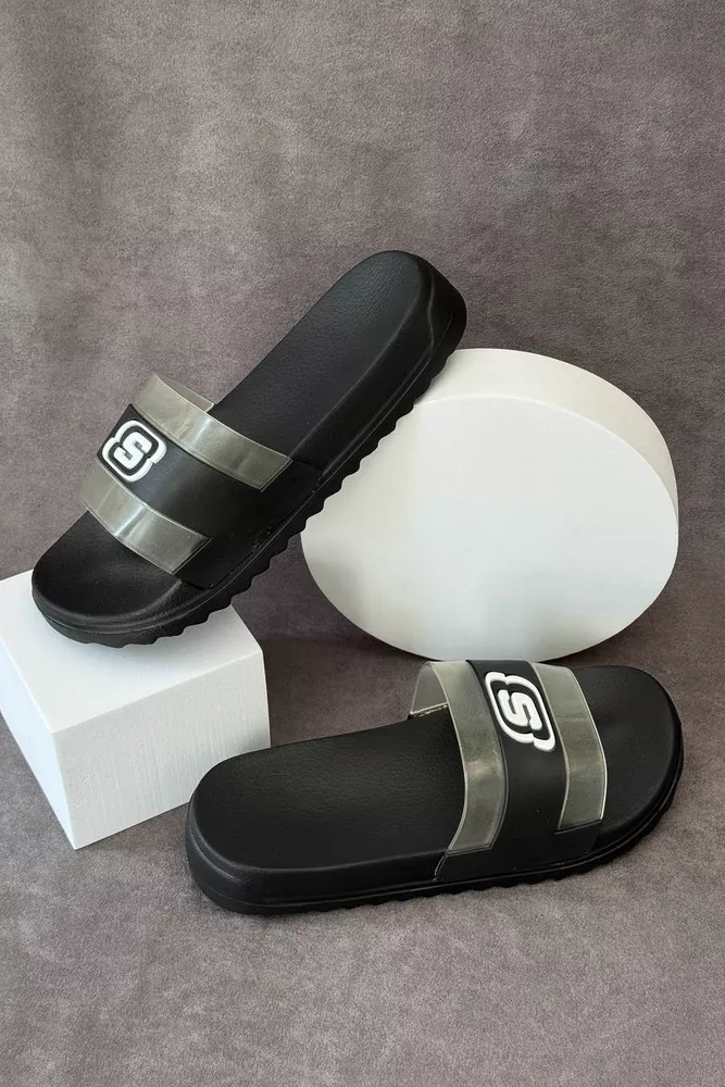 Купить Шлепанцы женские с аппликацией, цвет черный, 243R5030-2 - Фото №1