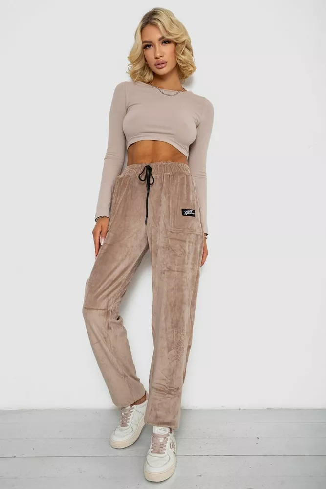 Купить Спортивные штаны велюровые женские на флисе  -уценка, цвет светло-бежевый, 238R58649-1-U-4 - Фото №2