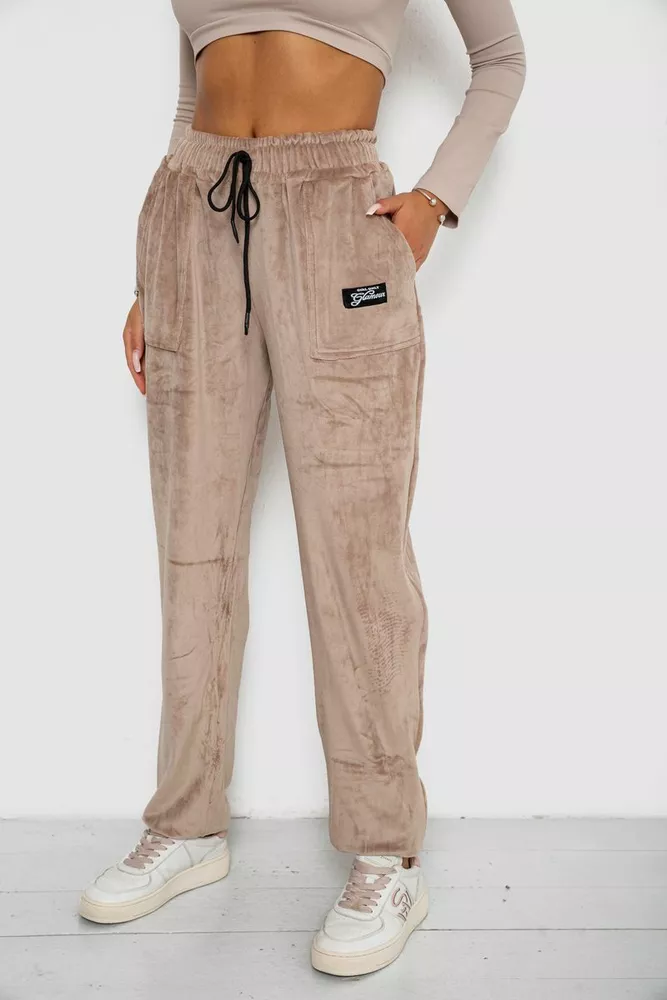 Купить Спортивные штаны велюровые женские на флисе  -уценка, цвет светло-бежевый, 238R58649-1-U-4 - Фото №3
