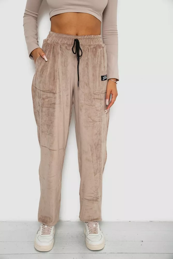 Купить Спортивные штаны велюровые женские на флисе  -уценка, цвет светло-бежевый, 238R58649-1-U-4 - Фото №1