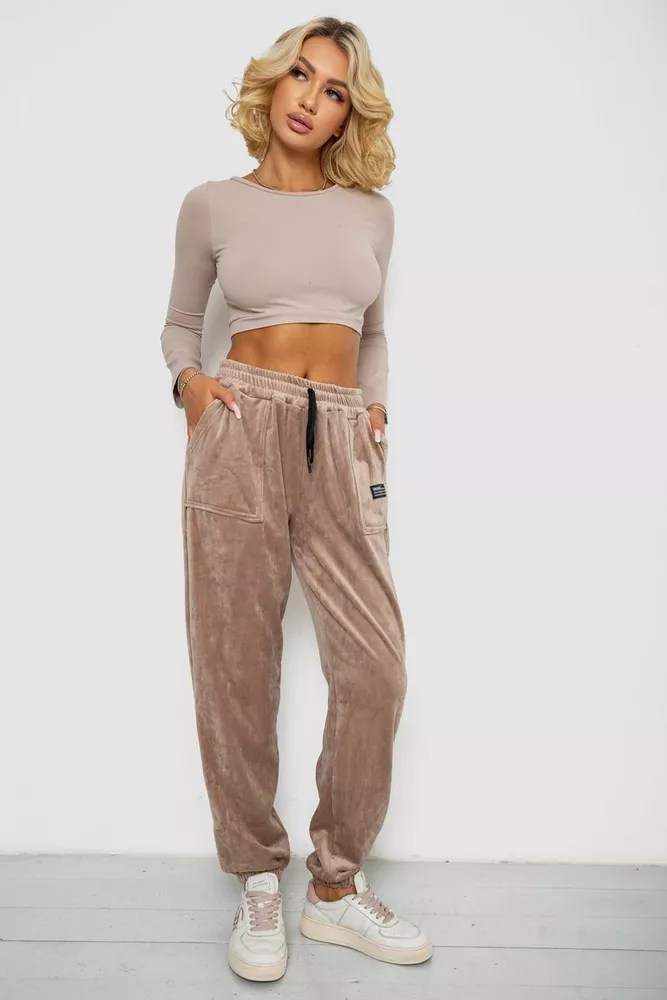 Купити Спортивні штани велюрові жіночі на флісі  -уцінка, колір бежевий, 238R58645-U-3 - Фото №2