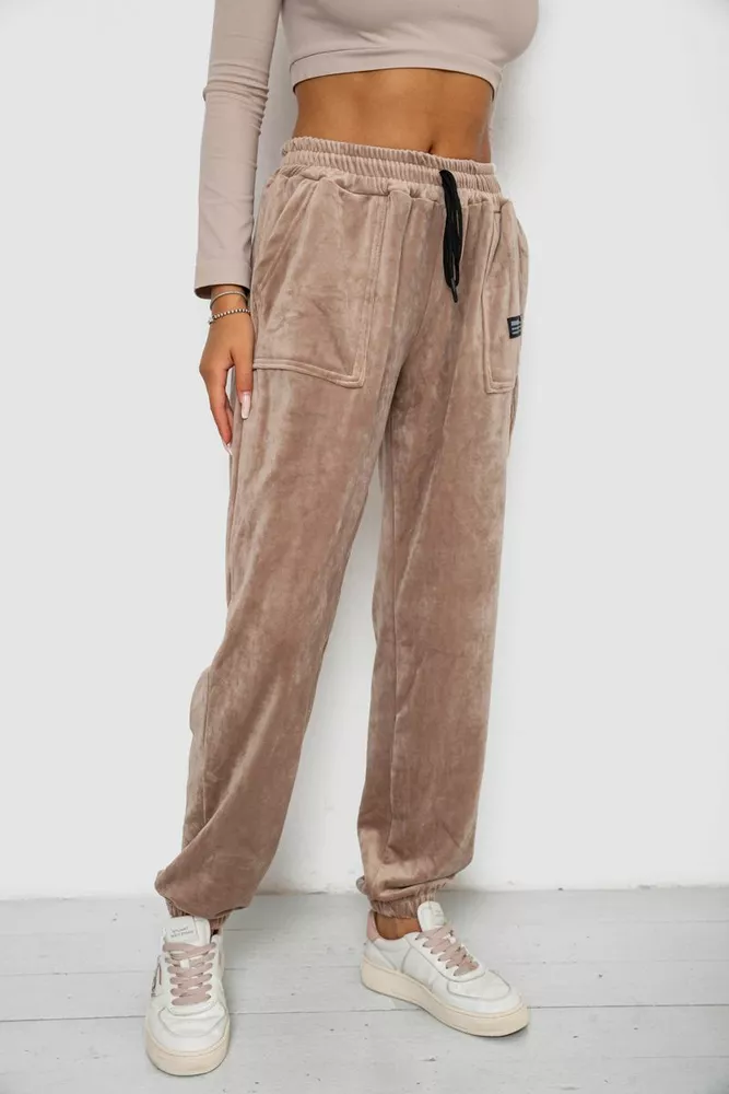 Купити Спортивні штани велюрові жіночі на флісі  -уцінка, колір бежевий, 238R58645-U-3 - Фото №3