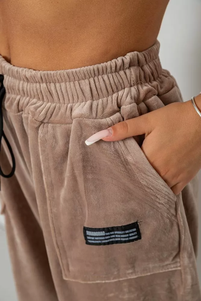 Купити Спортивні штани велюрові жіночі на флісі  -уцінка, колір бежевий, 238R58645-U-3 - Фото №5