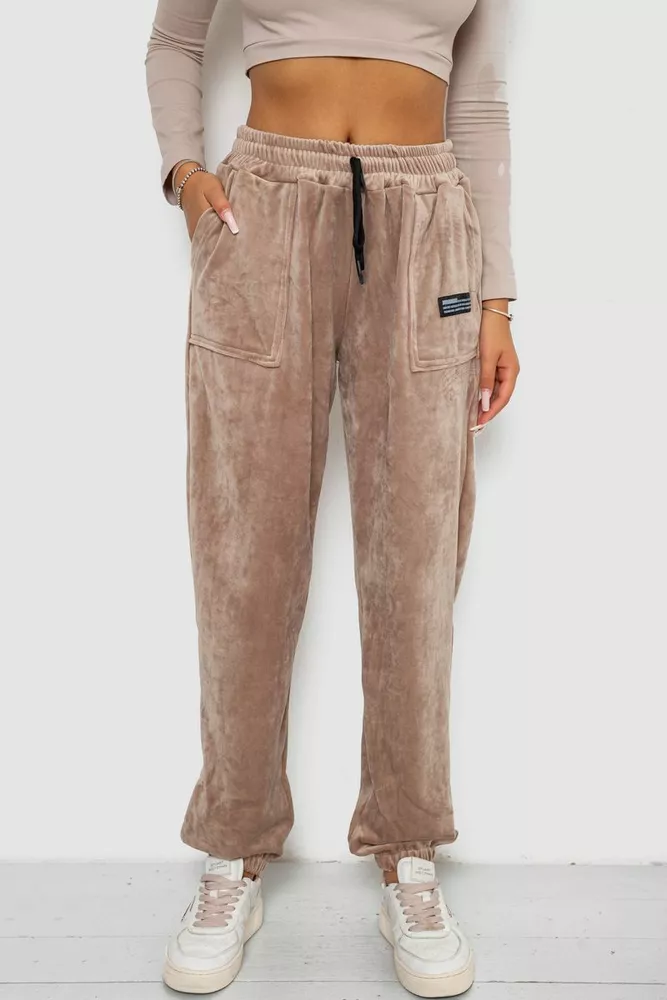 Купити Спортивні штани велюрові жіночі на флісі  -уцінка, колір бежевий, 238R58645-U-3 - Фото №1
