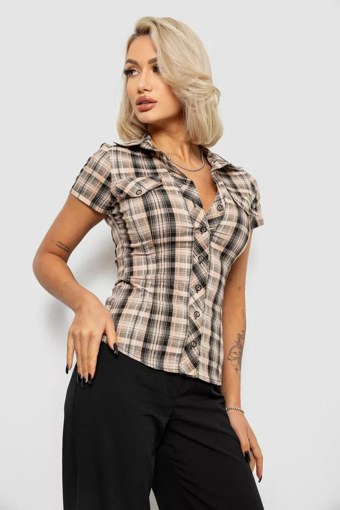 Купити Сорочка жіноча в клітинку, колір бежевий, 230R065 оптом - Фото №3
