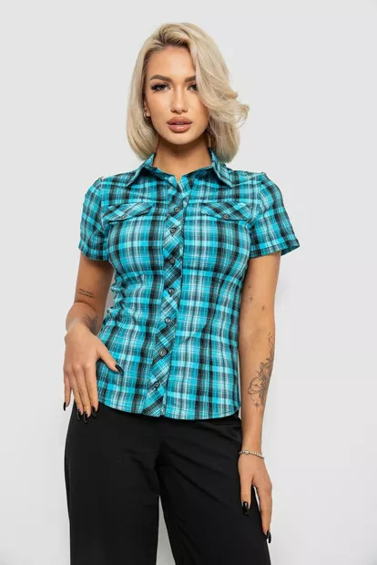 Рубашка женская в клетку, цвет бирюзовый, 230R065