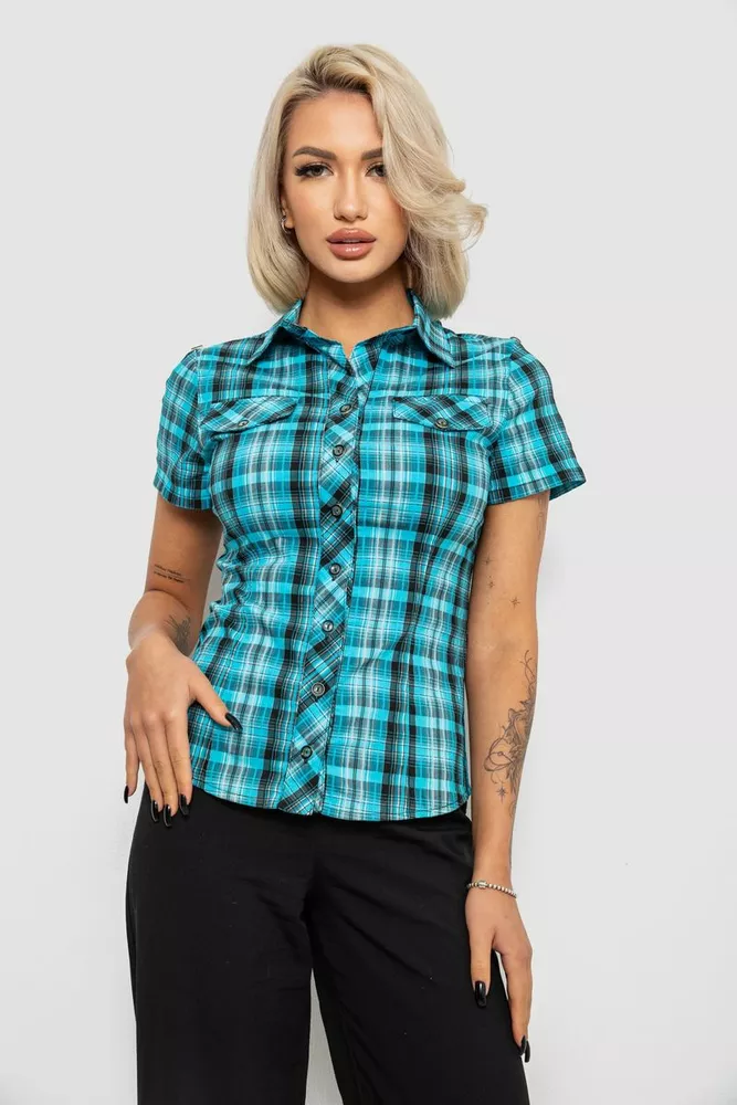 Купить Рубашка женская в клетку, цвет бирюзовый, 230R065 - Фото №1