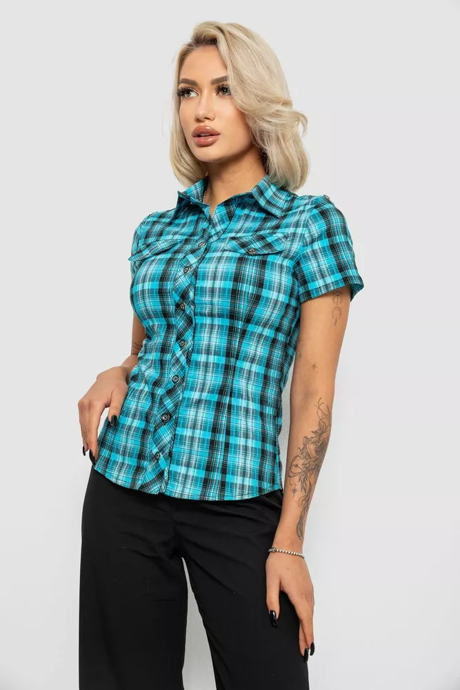 Купить Рубашка женская в клетку, цвет бирюзовый, 230R065 - Фото №3