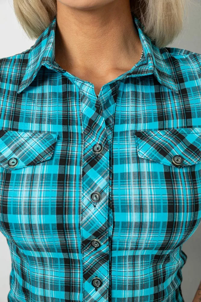 Купить Рубашка женская в клетку, цвет бирюзовый, 230R065 - Фото №5
