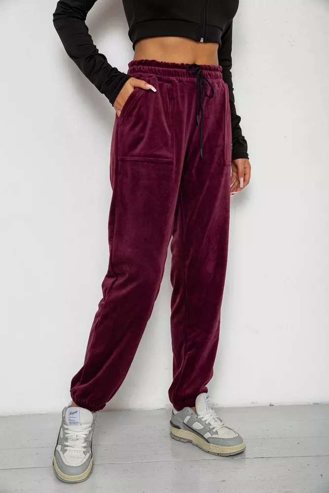 Купить Спортивные штаны велюровые женские на флисе  -уценка, цвет бордовый, 238R58645-U-1 - Фото №3
