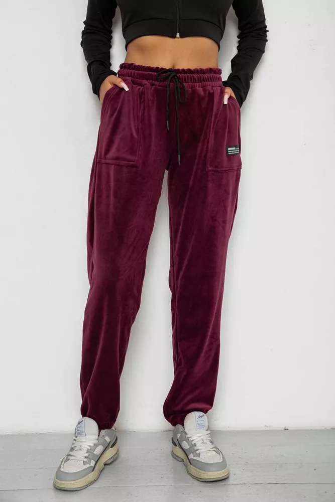 Купить Спортивные штаны велюровые женские на флисе  -уценка, цвет бордовый, 238R58645-U-1 - Фото №1