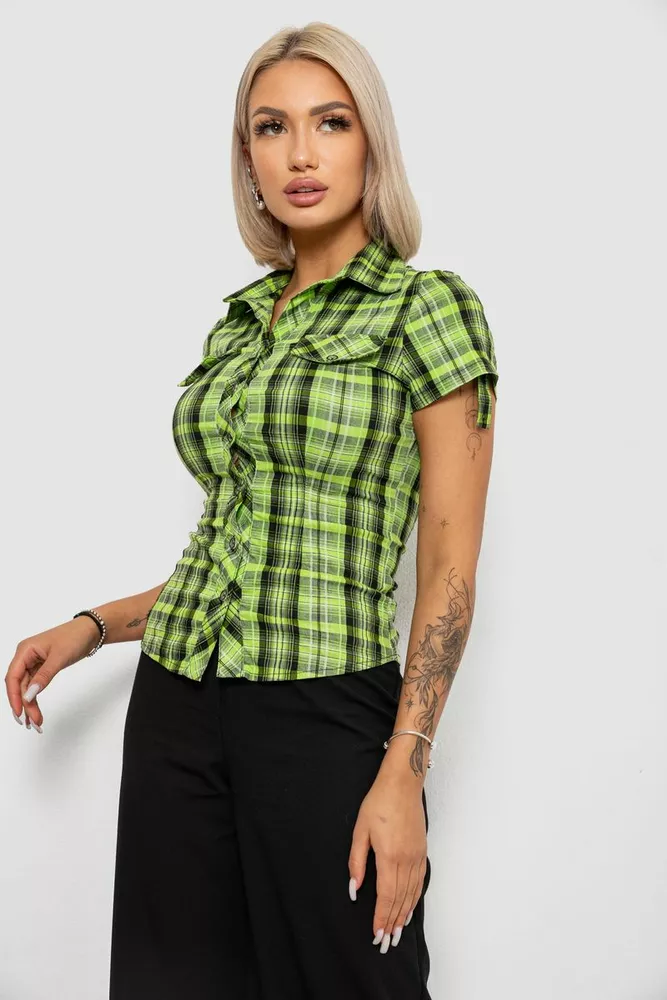 Купить Рубашка женская в клетку, цвет салатовый, 230R065 оптом - Фото №3