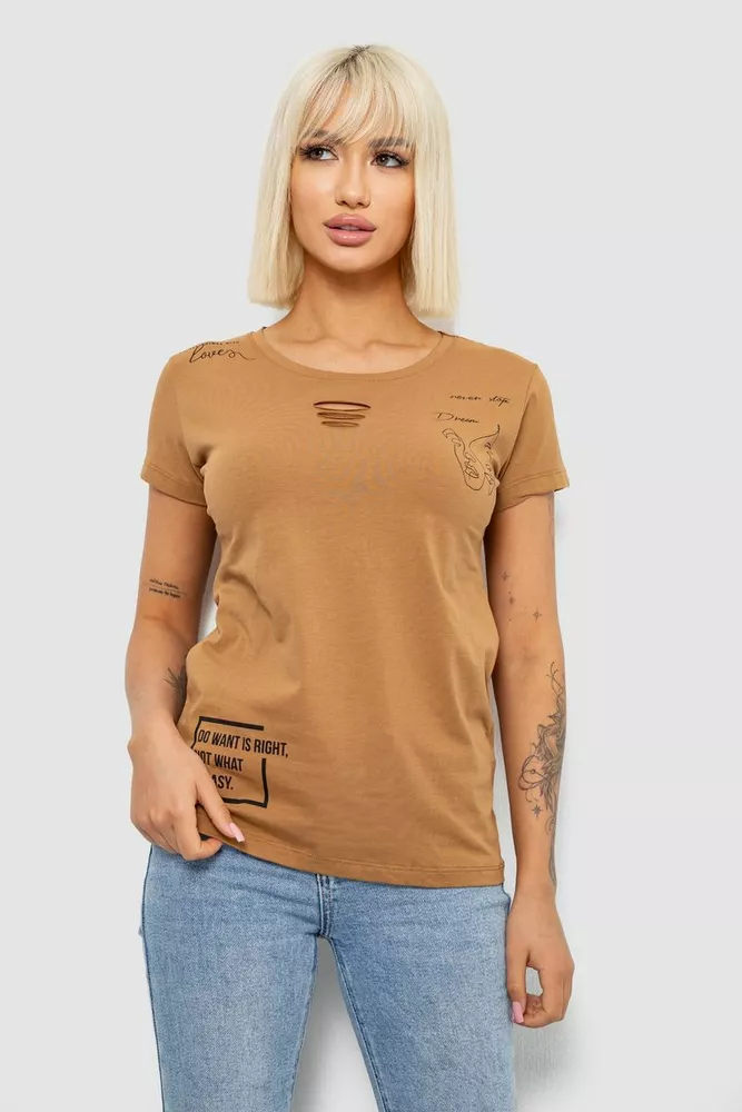 Купить Футболка женская с принтом, цвет коричневый, 244R2218-3 - Фото №1