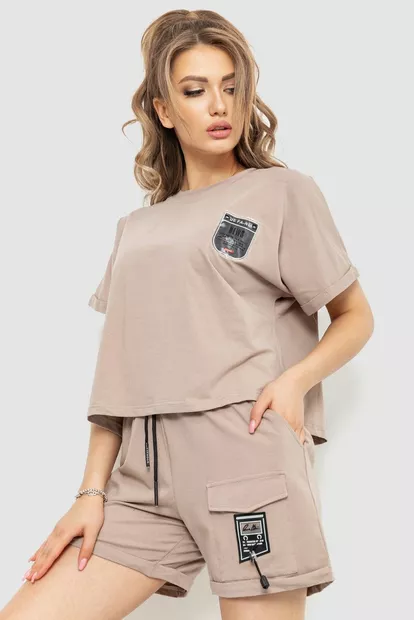 Костюм женский повседневный футболка+шорты, цвет бежевый, 248R2012