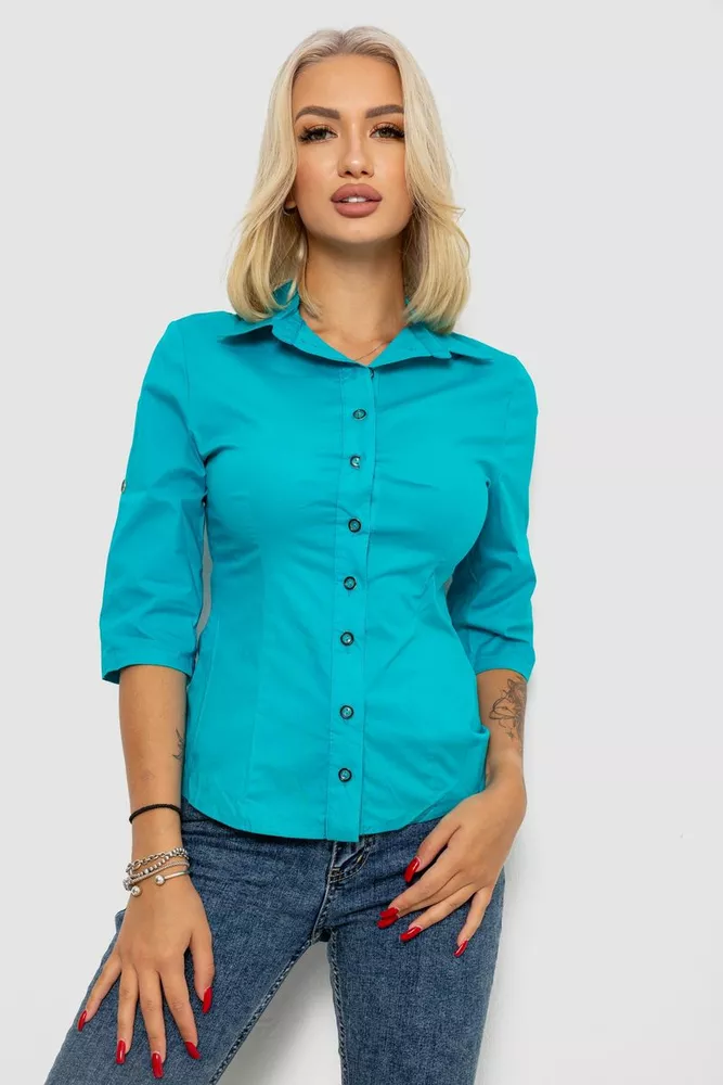 Купить Рубашка женская однотонная  -уценка, цвет бирюзовый, 230R068-4-U-4 - Фото №1