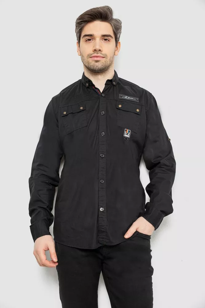 Купити Сорочка чоловіча однотонна з принтом  -уцінка, колір чорний, 186R01-U-2 оптом - Фото №1