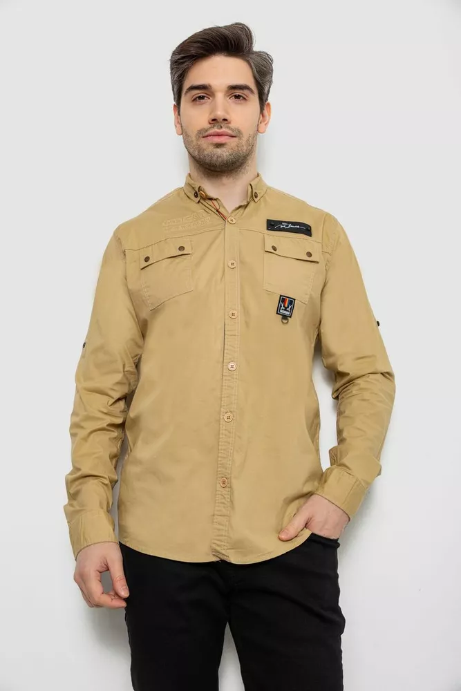 Купити Сорочка чоловіча однотонна з принтом  -уцінка, колір бежевий, 186R01-U оптом - Фото №1